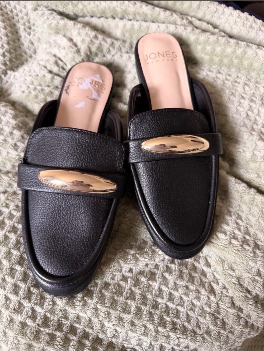 Jones New York Black Leather Slip-On Mules with Gold Accent Oval Hardware